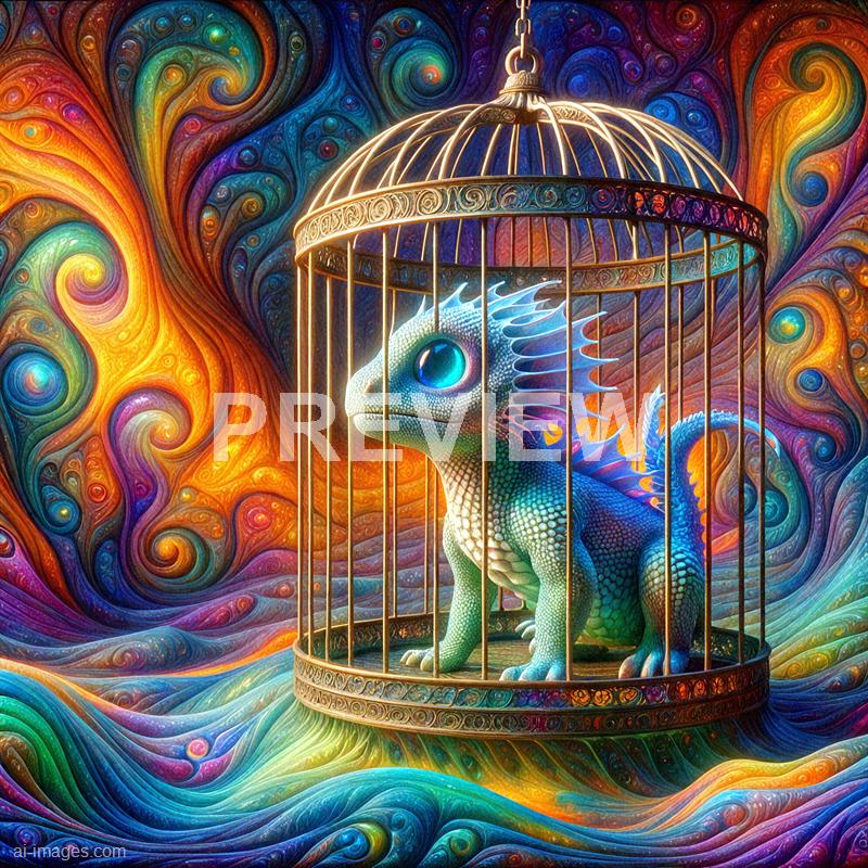 An intricately detailed, fantastical scene features a colorful, dragon-like creature with large, expressive eyes and spiky fins, confined within a vintage-style birdcage. The background is a swirling, psychedelic tapestry of vibrant colors including oranges, blues, purples, and greens, creating an otherworldly atmosphere that emphasizes the creature's mythical and surreal nature. The overall composition blends elements of fantasy and art, evoking a sense of wonder and imagination.